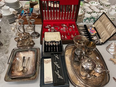 Lot 309 - Group of silver plated ware, canteen of cutlery and boxed flatware, together with a silver napkin ring, silver teaspoon and pusher