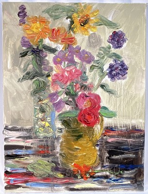 Lot 322 - Annelise Firth (b.1961) oil on canvas - Still life of flowers in a yellow jug, signed and dated 2025 verso, 60cm x 45cm, unframed