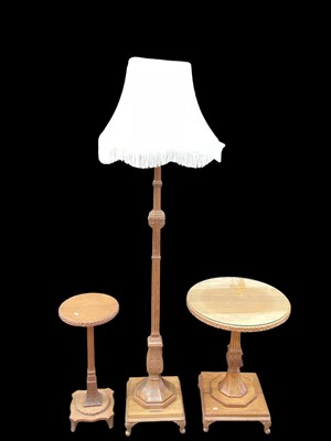 Lot 1327 - Oak standard lamp bearing brass plaque - The Material Came From The Houses of Parliament, Damaged By Enemy Action 1941, together with the similar small tables