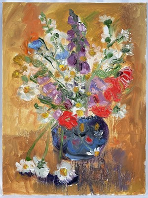 Lot 323 - Annelise Firth (b.1961) oil on canvas - Still life of flowers in blue vase, signed and dated 2025 verso, 60cm x 45cm, unframed