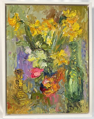 Lot 325 - Annelise Firth (b.1961) oil on canvas laid on board - Still life of daffodils, wine bottle and candlestick, signed and dated 2024 verso, 40cm x 30cm, framed