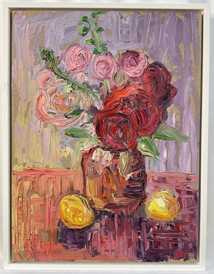 Lot 326 - Annelise Firth (b.1961) oil on canvas laid on board - Still life of roses and fruit, signed and dated 2024 verso, 40cm x 30cm, framed