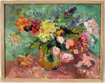 Lot 327 - Annelise Firth (b.1961) oil on canvas - Dahlias and Roses, signed and dated 2025 verso, Chelsea Art Society exhibition label, 35cm x 45cm, framed