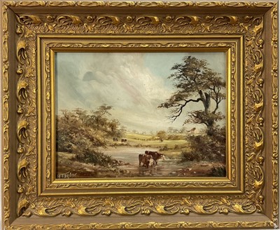 Lot 340 - English School, oil on board, signed H Taylor - cattle watering, 21cm x 29cm, gilt frame