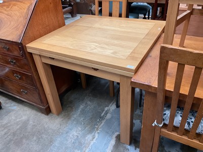Lot 1337 - Light oak dining table, 90cm x 90cm x 78.5cm high, together with a set of four dining chairs