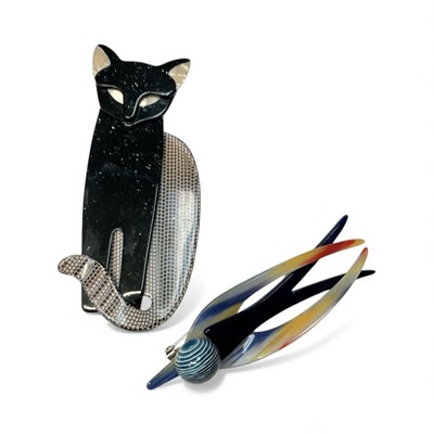 Lot 21 - Two Lea Stein brooches - cat and bird