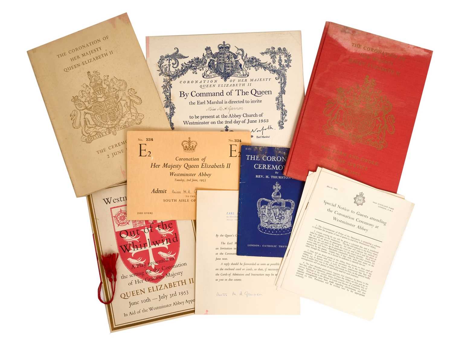Lot 26 - The Coronation of H.M. Queen Elizabeth II, June 1953, extensive set of invitation ephemera in original envelope including order of service, ceremonial, invitation, seating ticket, guidance notes...