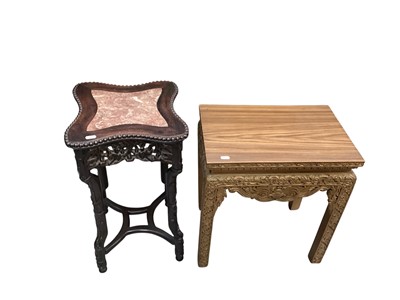 Lot 1345 - Chinese carved hardwood occasional table with inset rouge marble top, 31cm x 31cm x 58.5cm high together with another small table (2)