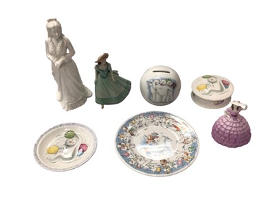 Lot 2249 - Six porcelain figurines of ladies including Royal Doulton and Coalport, together with Royal Doulton The Snowman china
