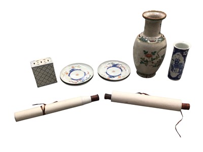 Lot 705 - 19th century Chinese blue and white sleeve vase together with a set of four Japanese Arita plates, two Chinese scrolls, an opium pillow and a Chinese crackle vase