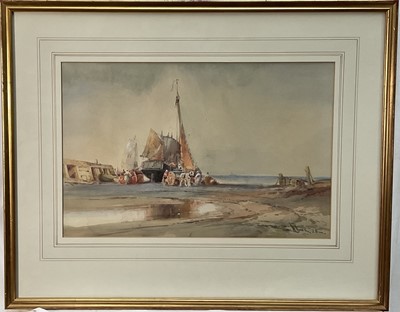 Lot 248 - Wilfred Knox (1884-1966) watercolour, Harbour scene unloading cargo with horse and cart, signed, dated (19)'28, 29cm x 44cm, glazed frame