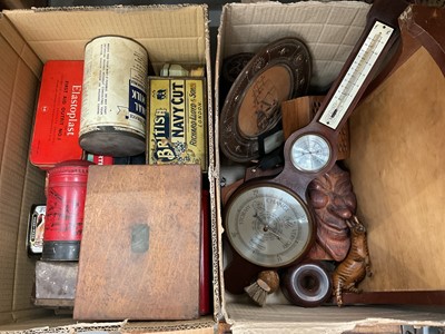 Lot 330 - Collection of vintage tins, treen items including carved African figures, wooden guillotine and sundries (2 boxes)