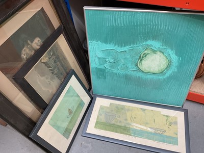 Lot 1178 - Contemporary turquoise abstract acrylic on board, two limited edition signed prints and two other prints (4)