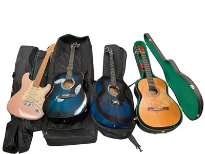 Lot 346 - Electric 'Shine' guitar and three acoustic guitars, three cases and two stands