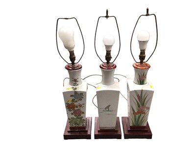 Lot 709 - Three modern porcelain table lamps with floral decoration, measuring approximately 43cm tall excluding fitting