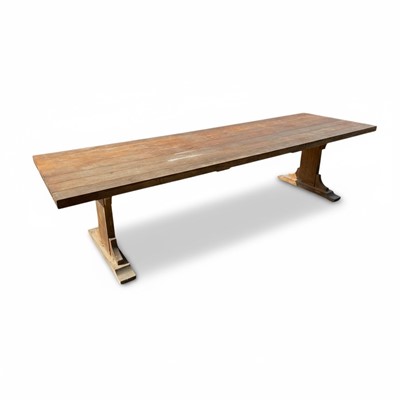 Lot 1358 - Large bespoke oak refectory table on end standards, 300cm x 91cm x 77cm high (indoor or suitable for a garden)