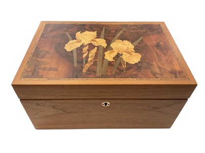 Lot 1024 - Good quality handmade wooden jewellery box with marquetry inlaid irises, by Young Jones, Wales. (Two keys present)