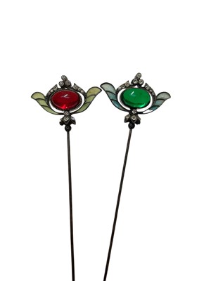 Lot 44 - Pair of Edwardian plique-à-jour enamel and paste set hat pins