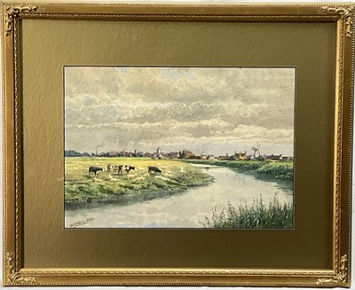 Lot 337 - Walter Paris (American, 1842-1906) watercolour, Cattle and sheep by water town and windmill beyond, signed and dated 1890