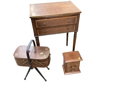 Lot 1380 - Inlaid mahogany two drawer side table, 54cm wide, 38cm deep, 76.5cm high, together with a miniature two drawer chest and a sewing box (3)