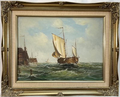 Lot 341 - D. Higginson (Contemporary) oil on canvas, boats off the coast, 30cm x 40cm, gilt frame