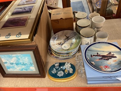 Lot 336 - Group of aviation collectors' plates by Wedgwood, Coalport, Royal Doulton, related mugs etc and military aircraft books