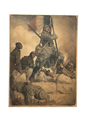 Lot 5096 - Lucien Hector Jonas (1880-1947) rare original lithographic poster, 'Fort Douaumont, 25 October 1916' (Battle of Verdun), signed in pencil and numbered 4/150, mounted on canvas