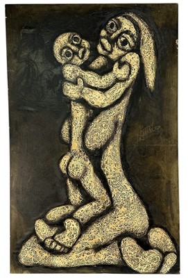 Lot 1130 - Lucas Tandokwzski Sithole (South African, 1921-1994) oil on board - Mother and child