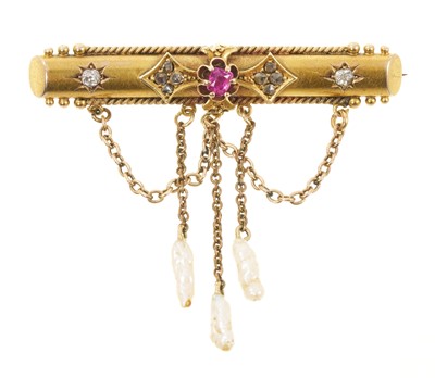 Lot 551 - Victorian 15ct gold ruby and diamond and keshi pearl bar brooch