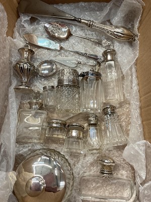 Lot 988 - Collection of silver mounted glass perfume bottles etc, silver pepperette, silver oval pill pot, silver trowel bookmark and some plated flatware