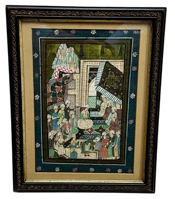 Lot 359 - Persian School, 20th century, ink and watercolour on linen depicting figures gathered, 29.5cm x 20.5cm, in glazed frame