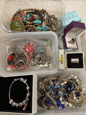 Lot 995 - Group of vintage costume jewellery, silver jewellery, Pandora silver charm bracelet in box and bijouterie