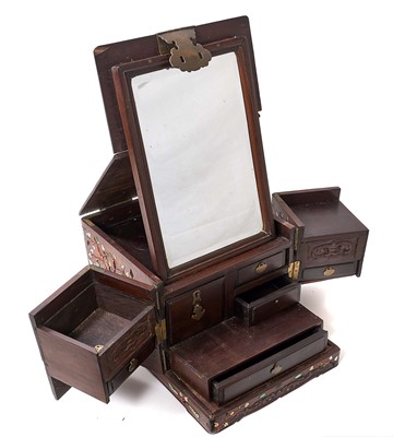 Lot 1222 - 19th Chinese hardwood, mother of pearl, jade and ivory inlaid dressing table box