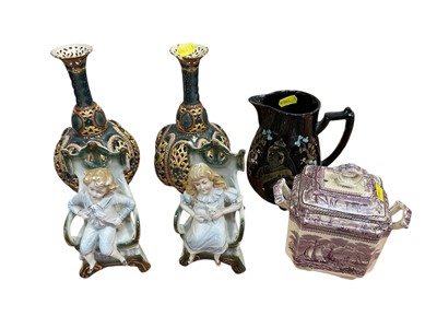 Lot 5079 - Pair of 19th century Staffordshire pottery Spaniels, ditto Punch and Judy, and other ornaments