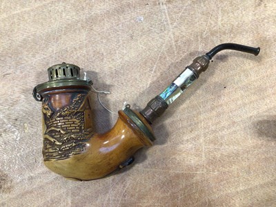 Lot 5073 - Meerschaum pipe with carved bowl bearing date 1820, with mother of pearl mounts