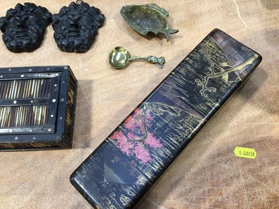 Lot 5074 - Box of Edwardian jigsaw puzzles, porcupine quill box, Japanese lacquer box and sundries