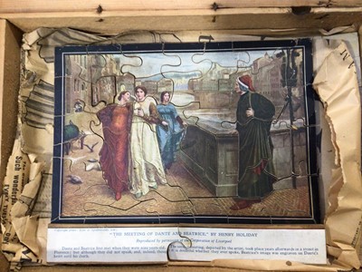 Lot 5074 - Box of Edwardian jigsaw puzzles, porcupine quill box, Japanese lacquer box and sundries