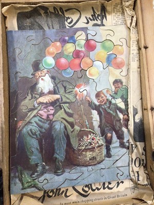 Lot 5074 - Box of Edwardian jigsaw puzzles, porcupine quill box, Japanese lacquer box and sundries