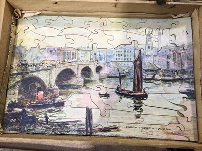 Lot 5074 - Box of Edwardian jigsaw puzzles, porcupine quill box, Japanese lacquer box and sundries
