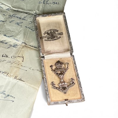 Lot 773 - Interesting Indian silver badge of the Gordon Highlanders, in original case, the badge stamped Orr for 'P. Orr & Sons Ltd, Madras and Rangoon', together with a charming letter dated 1943, ad...