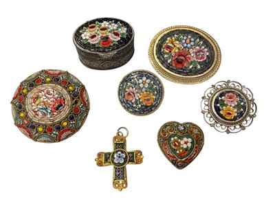 Lot 186 - Italian micromosaic brooches, cross pendant and pill box (7)