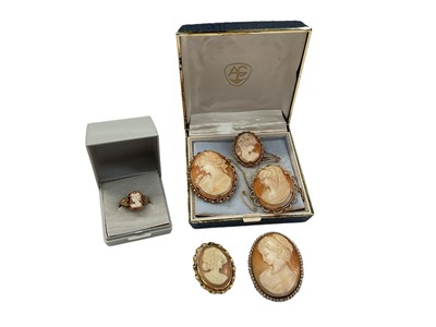 Lot 928 - Collection of carved shell cameo brooches in gold plated mounts and a cameo ring