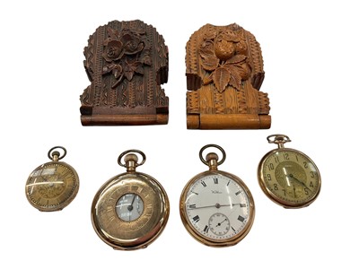 Lot 929 - Gold cased fob watch, together with a gold plated half hunter, Waltham and Elgin gold plated pocket watches and two carved wood watch stands