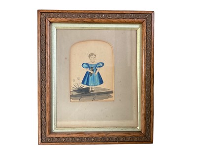 Lot 1155 - Early 19th century English naive school watercolour in glazed frame - portrait of a young girl holding a kitten