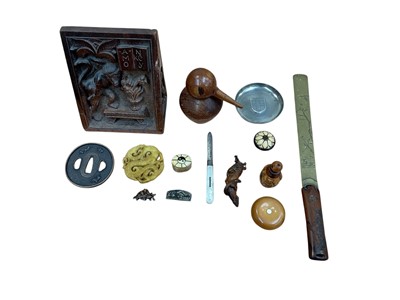 Lot 5033 - Sundry items, including a Kristian Vedel style carved bird, an Indian wooden bookend carved with a monkey, a Chinese hardstone disc, Japanese snuff bottle, etc