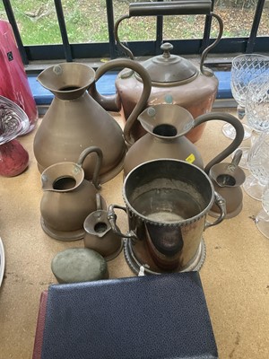 Lot 270 - Victorian copper kettle, copper measuring flagons and metalwork