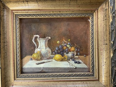 Lot 1154 - June Chapman - oil on canvas as board - still life of a jug and fruit, 12cm x 9.5cm with original receipt of purchase from Kingsmead Gallery for £175 date 19-2-1999. Together with other pictures...