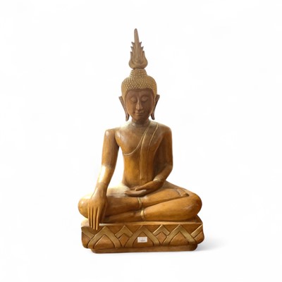 Lot 1423 - Eastern carved wood and parcel gilt figure of seated Buddha, 91cm high
