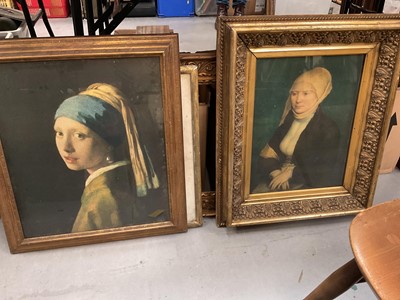 Lot 1198 - Quantity of pictures: three religious engravings gilt framed; rich gilt framed facsimile oil painting of a woman; rich gilt frame with decorative border; gilt framed religious print; 'Girl with...