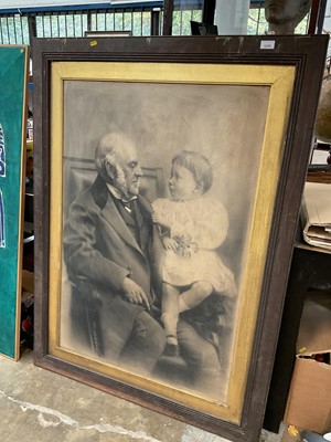 Lot 1230 - Large 19th century oak framed portrait of a grandfather and grandaughter, together with a large oak frame with gilt slip